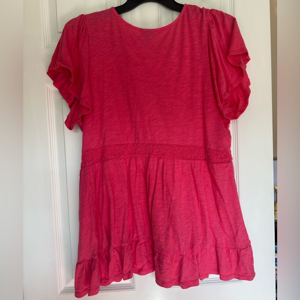 Torrid Size 2 / 2x Pink Cotton V-Neck Faux Wrap Peplum Top - Picture 2 of 4